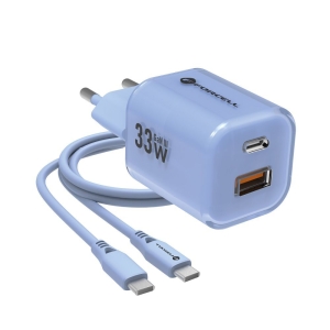 Nabíječka Forcell F-Energy GaN III Crystal Color USB C + USB A QC4.0 PD 33W + kabel USB C na USB C, modrá