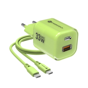 Nabíječka Forcell F-Energy GaN III Crystal Color USB C + USB A QC4.0 PD 33W + kabel USB C na USB C, zelená
