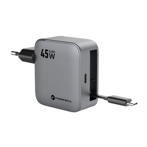 Nabíječka do zásuvky Forcell F-Energy GaN USB C + zatahovací kabel USB C QC4.0 PD 45W, šedá
