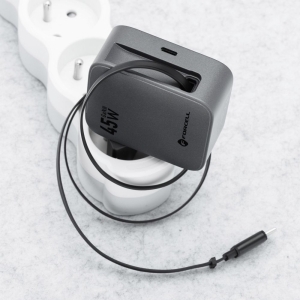 Nabíječka do zásuvky Forcell F-Energy GaN USB C + zatahovací kabel USB C QC4.0 PD 45W, šedá