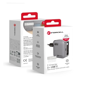 Nabíječka do zásuvky Forcell F-Energy GaN USB C + zatahovací kabel USB C QC4.0 PD 45W, šedá