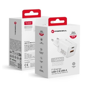 Nabíječka telefonu Forcell F-Energy Mini GaN III USB C + USB A QC4.0 PD 30W, bílá