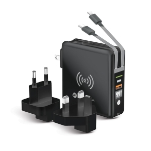 Multifunkční nabíječka Forcell F-Energy 5v1 USB A + USB C PD 20W + kabel USB C / Lightning + powerbanka 10000 mAh + bezdrátové nabíjení 15W černá
