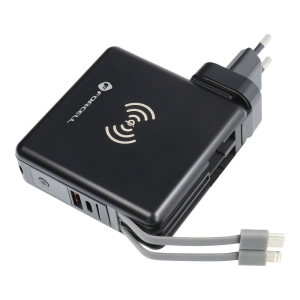 Multifunkční nabíječka Forcell F-Energy 5v1 USB A + USB C PD 20W + kabel USB C / Lightning + powerbanka 10000 mAh + bezdrátové nabíjení 15W černá