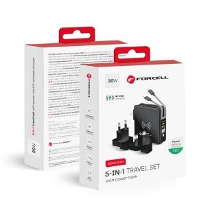 Multifunkční nabíječka Forcell F-Energy 5v1 USB A + USB C PD 20W + kabel USB C / Lightning + powerbanka 10000 mAh + bezdrátové nabíjení 15W černá
