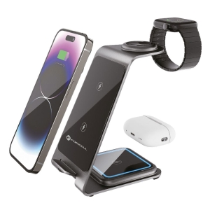 Indukční nabíječka Forcell F-Energy 3v1 Simply Charge, hliníková, kompatibilní s Apple Watch a Samsung Watch, šedá