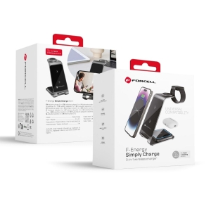 Indukční nabíječka Forcell F-Energy 3v1 Simply Charge, hliníková, kompatibilní s Apple Watch a Samsung Watch, šedá