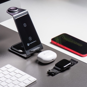 Indukční nabíječka Forcell F-Energy 3v1 Simply Charge, hliníková, kompatibilní s Apple Watch a Samsung Watch, šedá
