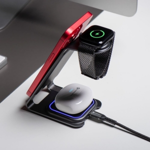Indukční nabíječka Forcell F-Energy 3v1 Simply Charge, hliníková, kompatibilní s Apple Watch a Samsung Watch, šedá