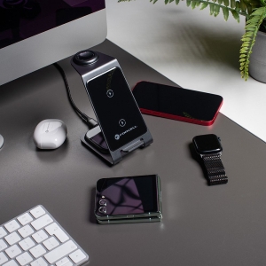Indukční nabíječka Forcell F-Energy 3v1 Simply Charge, hliníková, kompatibilní s Apple Watch a Samsung Watch, šedá