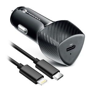 Autonabíječka Forcell F-Energy Carbon USB C QC3.0 PD 3A 20W + kabel USB C na Lightning, černá