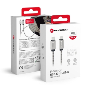 Datový kabel Forcell Metal USB C na USB C  QC4.0 PD 5A 100W 2 m stříbrný