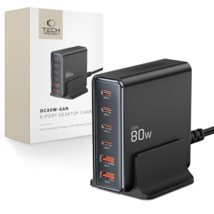 Cestovní nabíječ Tech-Protect DC80W GaN s 6 porty (4x USB C, 2x USB A), PD 80W, QC3.0, černá