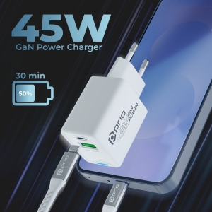 Cestovní nabíječ Prio GaN Power, 1x USB C 1x USB A, Fast charging 45W, bílá