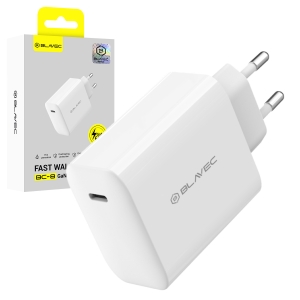 Cestovní nabíječ Blavec GaN4, 1x USB C, 1x USB, PD 65W, kabel USB C na USB C, bílá
