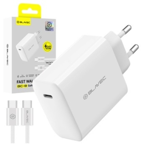 Cestovní nabíječ Blavec GaN4, 1x USB C, 1x USB, PD 65W, kabel USB C na USB CW, bílá