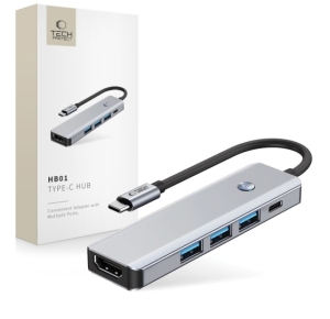 Tech-Protect HUB Adaptér 5v1, 1x USB C (PD 100W nabíjení), 1x USB 3.0, 2x USB 2.0 + HDMI 4K 60HZ, délka 120mm, space grey