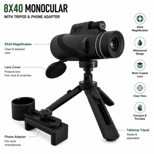 Monocular 8x40 se stativem a držákem na telefon, barva černá