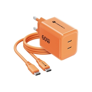 Nabíječka Forcell F-Energy GaN III Crystal Color 2x USB C AVS SSFC2.0 60W + kabel USB C na USB C, oranžová