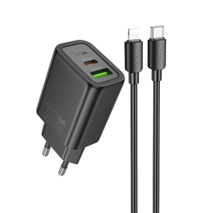 Cestovní nabíječ HOCO N61 1x USB A, 1x USB C, + Kabel USB C na Lightning, QC 3.0 PD 20W, barva černá
