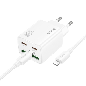 Cestovní nabíječ HOCO N55, 2x USB C, 2x USB A + Kabel USB C na Lightning, QC 3.0 PD 20W, barva bílá
