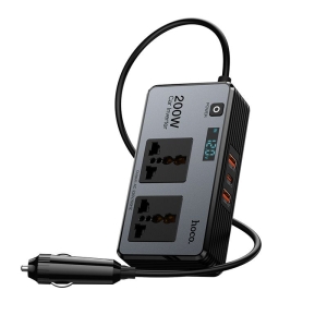 Chytrá duální nabíječka do auta s invertorem Hoco Z66, 2x AC zásuvka 220V, 1x USB C PD 30W, 2x USB A, LED displej, černá