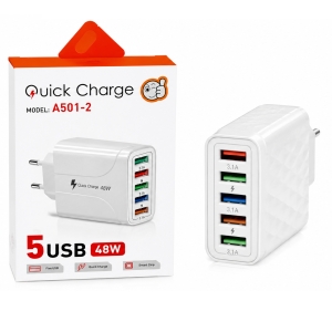Cestovní nabíječ A501-2 5x USB 48W Quick Charger, barva bílá