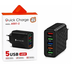 Cestovní nabíječ A501-2 5x USB 48W Quick Charger, barva černá