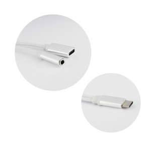 Adaptér HF/audio + nabíjení, USB C na 1x Jack 3,5mm 1x USB C (female), barva stříbná