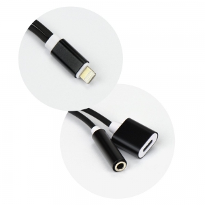 Adaptér HF/audio + nabíjení, Lightning na 1x Jack 3,5mm 1x Lightning (female), barva černá