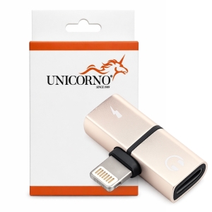 Adaptér SHORT HF/audio + nabíjení, Lightning na 1x Lightning 1x Jack 3,5mm, barva zlatá