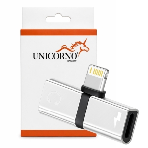 Adaptér SHORT HF/audio + nabíjení, Lightning na 1x Lightning 1x Jack 3,5mm, barva stříbrná